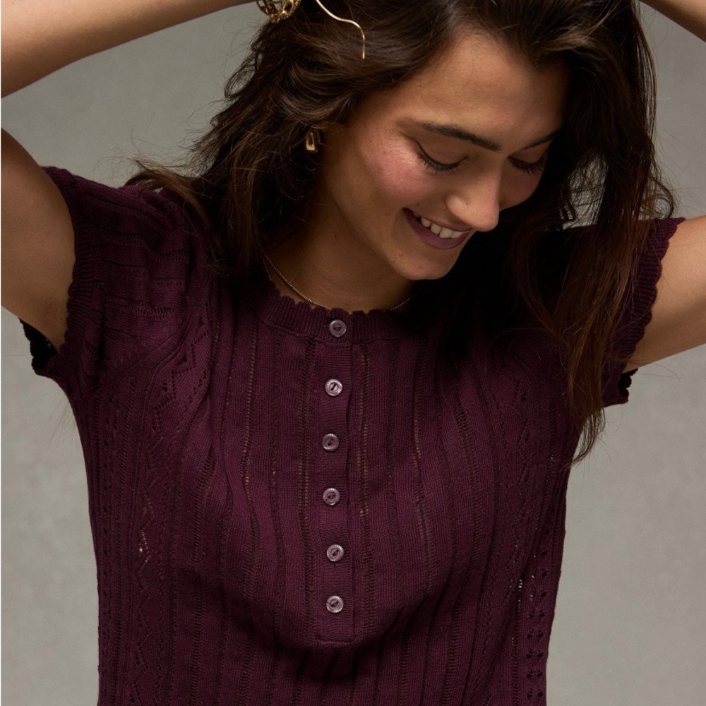 American Eagle Henley Pointelle Seater T-Shirt-Purple, Blue, Black/White